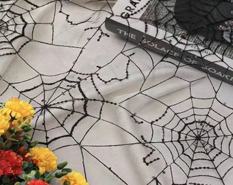 Black Sequin Spider Web Tulle: Embroidery Lace Fabric - 1 Yard, Sewing&Craft