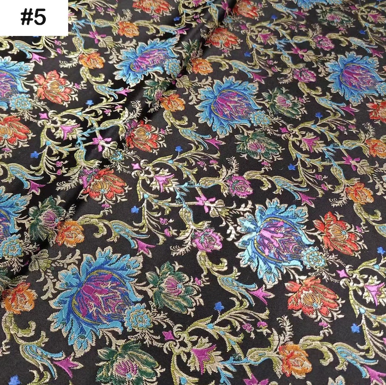 Floral Brocade Fabric: Chinese Style, Jacquard, Polyester, DIY Sewing Craft Upholstery Material #5 black