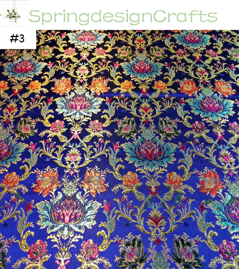 Floral Brocade Fabric: Chinese Style, Jacquard, Polyester, DIY Sewing Craft Upholstery Material #3 royal blue
