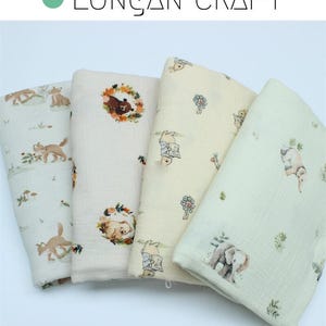 Cotton Double Gauze Fabric, Animal Printed Crinkled Muslin Crepe Fabric, Elephant Bear Fox Printed Fabric, Baby Blanket Swaddling Material