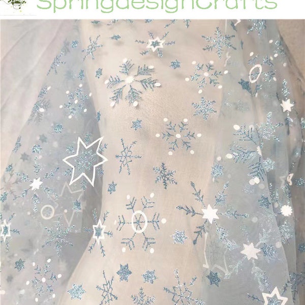 Snowflake Tulle Fabric, Blue Glitter Snowflake Star Tulle Mesh Fabric, DIY Dresses Fabric, Wedding Fabric, Christmas Fabric, Princess Dress