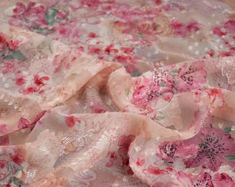 Pink Flower Chiffon Fabric: Sheer Polyester Sewing Material, oft Thin Summer Dresses Blouse Fabric