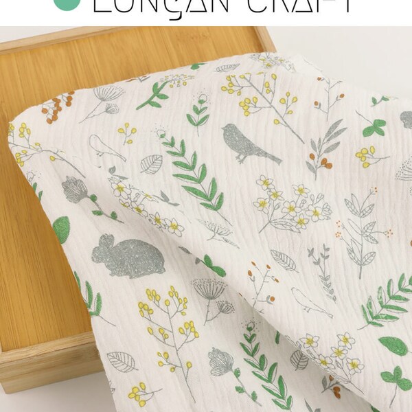 Double Cotton Gauze Fabric, Flowers Bird Rabbit Printed Crepe Fabric, Forest Animal Plant Crinkled Muslin Crepe, Baby Blanket Material