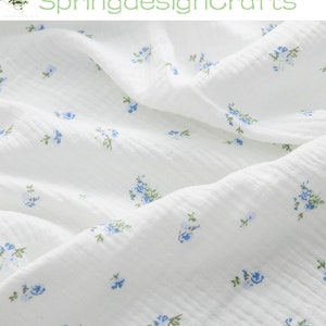 Blue Floral Cotton Gauze Fabric: Double Crinkled Muslin, By The Yard, Baby Kids Sewing Material