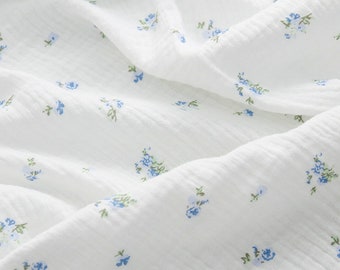 Blue Floral Cotton Gauze Fabric: Double Crinkled Muslin, By The Yard, Baby Kids Sewing Material