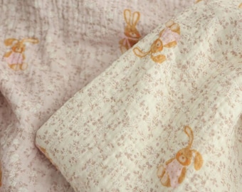 Retro Rabbit Floral Double Gauze Fabric: 100%Cotton Crinkled Muslin, Blanket Swaddling Sewing Material
