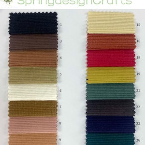 Puede incluir: Una carta de colores de 11 muestras de tela de pana diferentes. Las muestras est&aacute;n dispuestas en dos columnas, con n&uacute;meros junto a cada muestra. Los colores incluyen negro, marr&oacute;n, marr&oacute;n, beige, blanco, amarillo mostaza, verde, gris oscuro, azul marino, azul verdoso y marr&oacute;n.