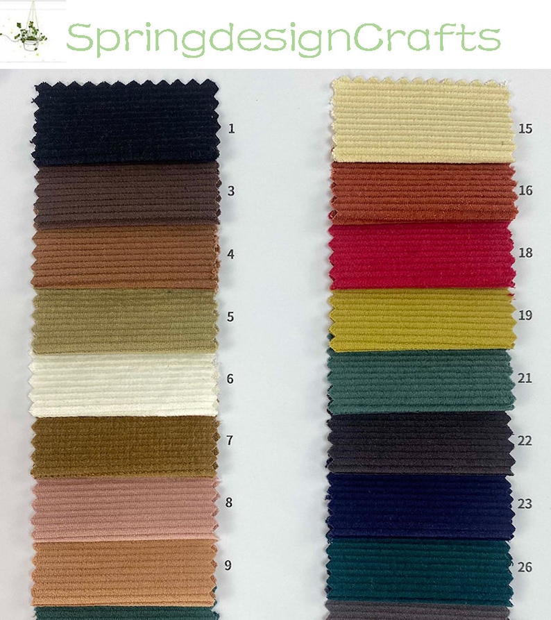 Puede incluir: Una carta de colores de 11 muestras de tela de pana diferentes. Las muestras est&aacute;n dispuestas en dos columnas, con n&uacute;meros junto a cada muestra. Los colores incluyen negro, marr&oacute;n, marr&oacute;n, beige, blanco, amarillo mostaza, verde, gris oscuro, azul marino, azul verdoso y marr&oacute;n.