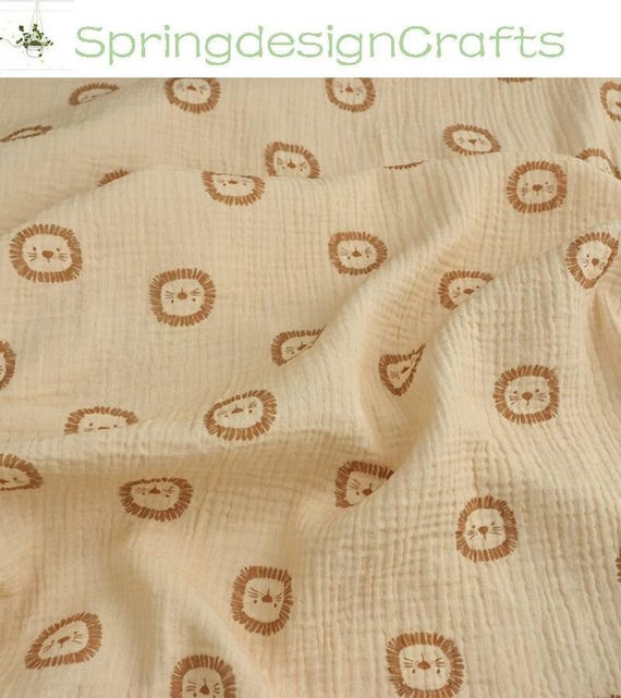 Lion Print Double Cotton Gauze Fabric: Crinkle Muslin, Garments Swaddling Blanket Sewing Craft Material