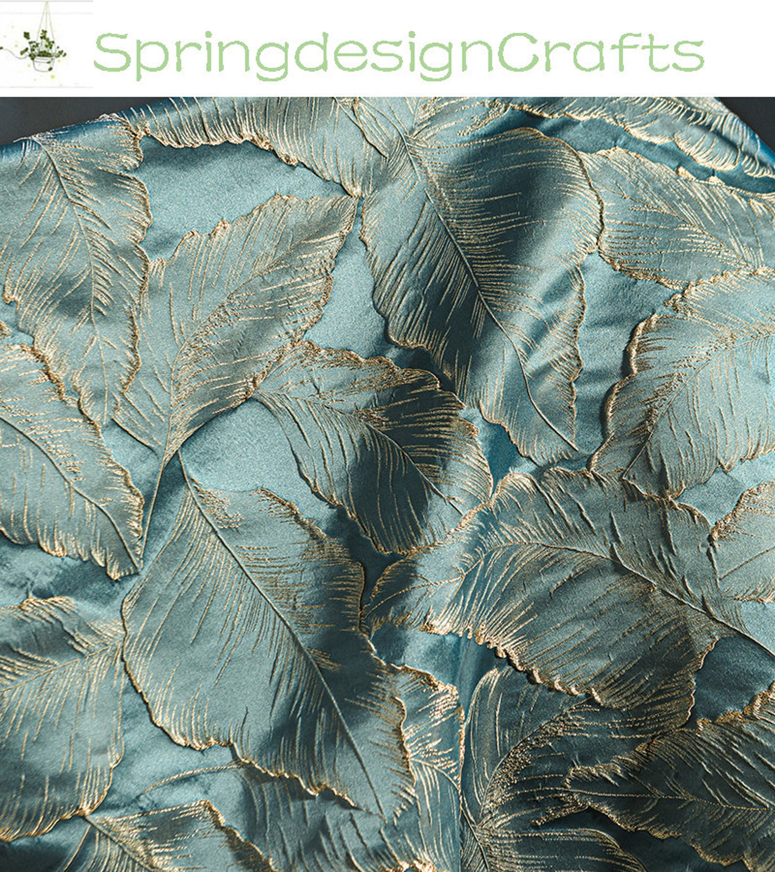 Blue Jacquard Fabric Leaf Jacquard Fabric With Gold Thread Etsy