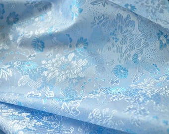 Blue Floral Brocade Fabric: Chinoiserie Dresses Coat Sewing Fabric, Chair Curtain Craft Upholstery Material