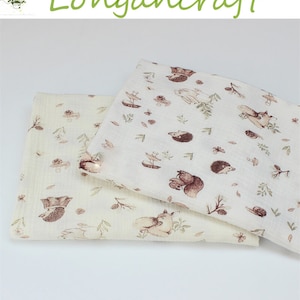 Cotton Double Gauze Fabric, Cute Squirrel Rabbit Leaves Fabric