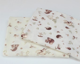 Tissu double gaze de coton, jolis écureuils et feuilles de lapin, crêpe froissé en coton animal, couverture pour bébé enfant, emmaillotage