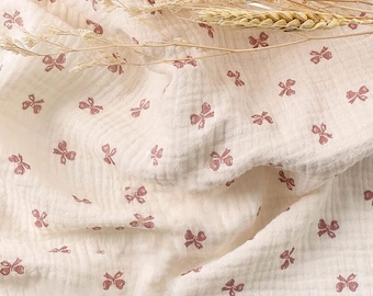 Pink Bowknot Double Cotton Gauze Fabric: Crinkled Muslin, Baby Children Blanket Swaddling Fabric