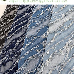 May include: Close-up of four denim fabrics in shades of gray and blue. Each fabric has a diagonal striped pattern with frayed edges. The text "SpringdesignCrafts" is at the top.