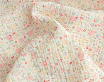 Rabbit Flowers Double Cotton Gauze Fabric: Floral Crinkled Muslin, Blanket Swaddling Sewing Craft Material
