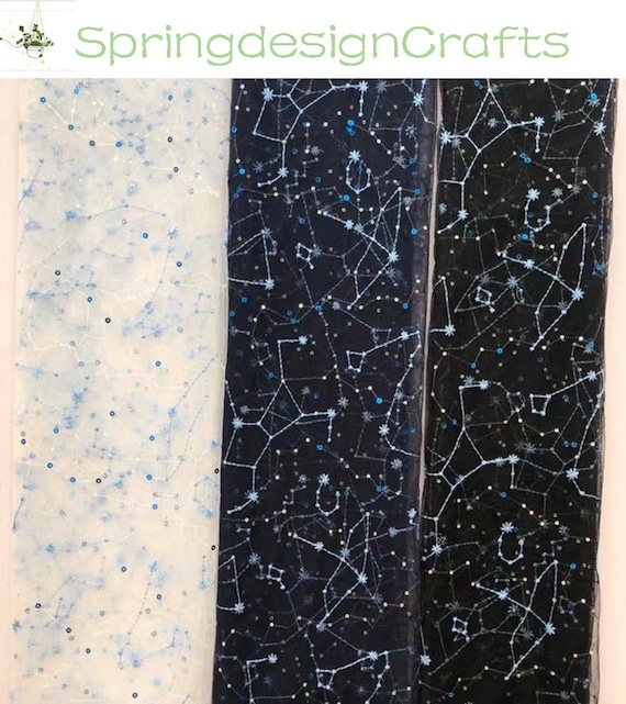 Sterne Pailletten Stoff, Gestickte Sterne Spitze Tüll, Blau