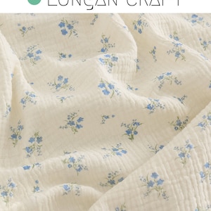 Blue Floral Cotton Gauze Fabric: Crinkled Muslin Sewing Material, Baby Children Blanket Swaddling Fabric