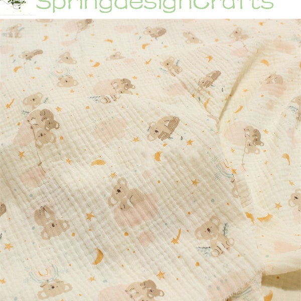 Double Cotton Gauze Fabric, Cute Koala Gauze Fabric By The Yard, 100% Cotton Crinkled Gauze Muslin Fabric For Baby Kids, DIY Material