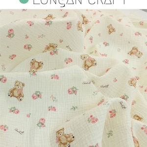 Double Cotton Gauze Fabric, Cute Bear And Flowers Crinkled Muslin Fabric, DIY Baby Blanket Swaddling Material, Animal Flower Printed Fabric