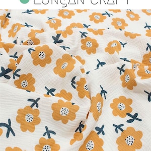 Tecido de gaze floral, gaze de algodão duplo estampada com flores laranja, tecido de crepe de musselina amassado, material de costura para cobertor de bebê faça você mesmo