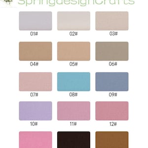 May include: A colour chart from SpringdesignCrafts featuring fifteen rectangular fabric swatches in various shades including white, beige, tan, grey, blue, pink, purple, brown, and black, each labelled with a corresponding number from 01# to 15#.
