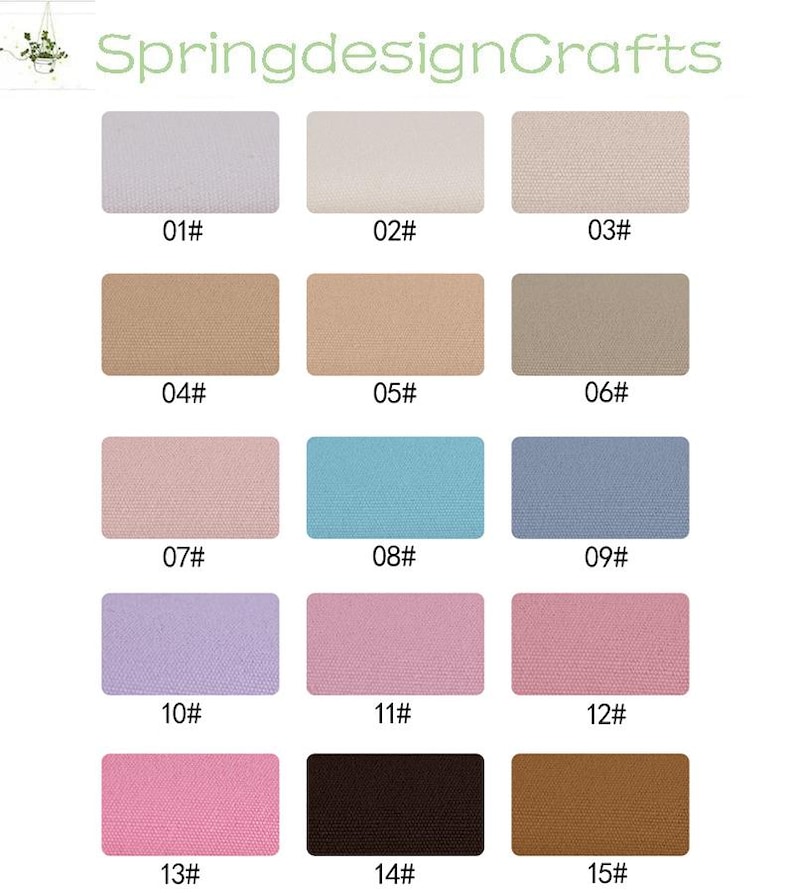 May include: A colour chart from SpringdesignCrafts featuring fifteen rectangular fabric swatches in various shades including white, beige, tan, grey, blue, pink, purple, brown, and black, each labelled with a corresponding number from 01# to 15#.