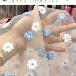 Flower Organza, Embroidered Daisy Organza Fabric, Blue Floral Tulle, Weeding Fabric, DIY Material, Decoration Fabric, By the Yard