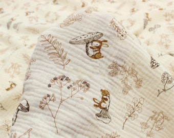 Squirrel & Leaves Cotton Gauze Fabric: Crinkled Double Layer, By The Yard, Blanket Swaddling Sewing Material