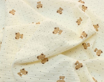 Double Cotton Gauze Fabric, Print Bear Dot Cotton Crepe Gauze , Cute Animal Crinkled Muslin Fabric, DIY Baby Blanket Cloth Fabric