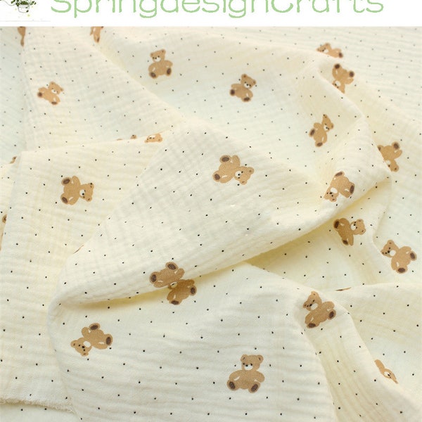 Double Cotton Gauze Fabric, Print Bear Dot Cotton Crepe Gauze , Cute Animal Crinkled Muslin Fabric, DIY Baby Blanket Cloth Fabric