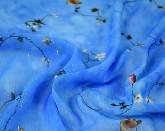 Blue Flower Chiffon Fabric: Silver Metallic Threads Printed, Lightweight Dresses Blouse Sewing Craft Material
