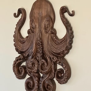 CNC Carved Walnut Octopus Wall Art: Ocean-Themed Wood Sculpture
