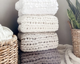 CHUNKY KNIT BLANKET- Throw Blanket Farmhouse Blanket, Soft Chenille Blanket, Valentine, Wedding or Baby Gift.