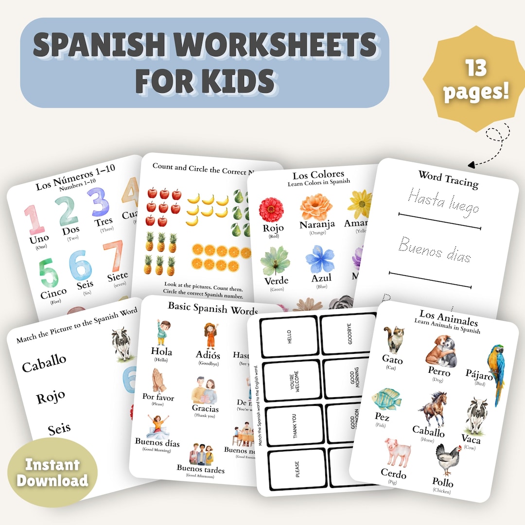 Spanish Worksheets for Kids Bundle | Vocabulary, Numbers, Colors