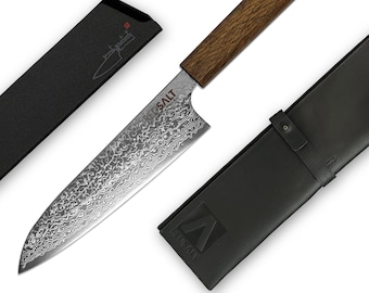 SANTOKU 17 cm SPG2 All-Purpose Knife, Handmade in Japan, Chef's Knife with Sheath & Leather Pouch, Japanese Damascus Knife, Kitchen Knife
