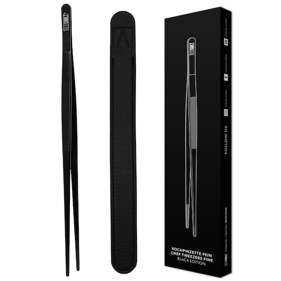 REDSALT® Black Edition Kochpinzette fein schwarz 30cm | INOX 18/10 Edelstahl rostfrei spülmaschinenfest PVD-Beschichtung | Grillpinzette