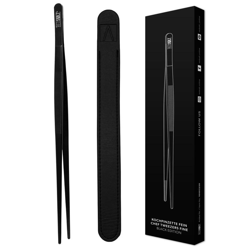 May include: Black kitchen tweezers with a leather case. The tweezers are made of stainless steel and have a fine tip. The case is black leather with a silver logo.