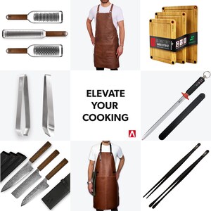 May include: A set of kitchen tools and accessories, including a leather apron, a set of kitchen knives, a grater, a pair of tongs, a sharpening steel, and a cutting board. The text "Elevate Your Cooking" is displayed in the center of the image.