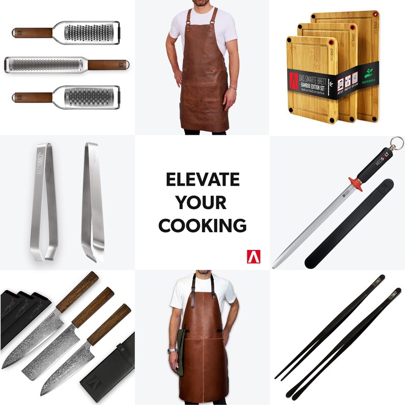 May include: A set of kitchen tools and accessories, including a leather apron, a set of kitchen knives, a grater, a pair of tongs, a sharpening steel, and a cutting board. The text "Elevate Your Cooking" is displayed in the center of the image.