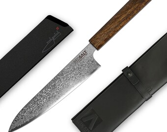 Couteau de chef GYUTO 20 cm SPG2 fait main au Japon | Couteau de chef avec étui à couteau et étui en cuir | Couteau japonais, couteau damassé couteau de cuisine