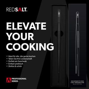 May include: Black kitchen tweezers in a black box with the text "REDSALT. ELEVATE YOUR COOKING" and "KOCHPINZETTE FEIN CHEF TWEEZERS FINE BLACK EDITION".