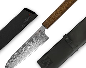 SANTOKU 17cm SPG2 Allzweckmesser handmade in Japan, Kochmesser mit Messerscheide & Ledertasche, Japanisches Messer Damastmesser Küchenmesser