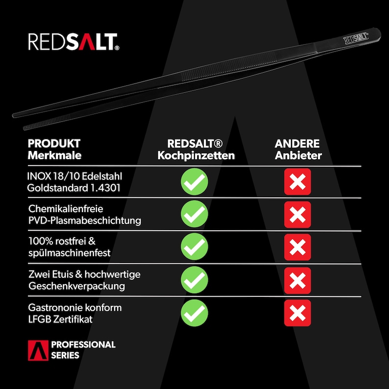 May include: A comparison chart highlighting the features of REDSALT&reg; kitchen tweezers versus other brands. The chart lists features such as material, chemical-free coating, rust-resistant, dishwasher safe, packaging, and certifications. The chart shows that REDSALT&reg; kitchen tweezers are made of 18/10 stainless steel, have a PVD plasma coating, are rust-resistant, dishwasher safe, come with two cases, and are certified by LFGB.