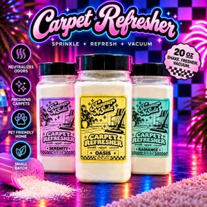 May include: Three clear plastic bottles of Shimmer N Sudz carpet refresher powder with black lids. Labels feature the text Carpet Refresher, Serenity, Oasis, and Radiance. Each bottle contains 20 oz of white powder, with a shaker lid visible.