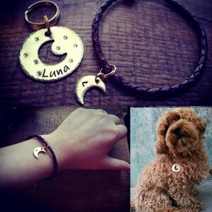 Puede incluir: Un conjunto de tres chapas para perros de color dorado con un dise&ntilde;o de media luna. La chapa m&aacute;s grande est&aacute; grabada con el nombre "Luna" y tiene un c&iacute;rculo de peque&ntilde;os diamantes de imitaci&oacute;n alrededor del borde. La chapa mediana es una simple media luna con una peque&ntilde;a letra "L" grabada en ella. La chapa m&aacute;s peque&ntilde;a es una media luna sin grabado. Las chapas se muestran en un collar de cuero marr&oacute;n, una pulsera de cuero marr&oacute;n y un collar de perro de cuero marr&oacute;n.