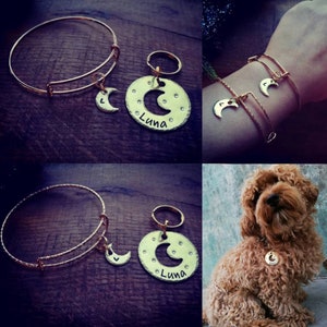 Puede incluir: Pulsera de oro con dije y llavero a juego con un dise&ntilde;o de luna creciente y el nombre "Luna" grabado en el dije.