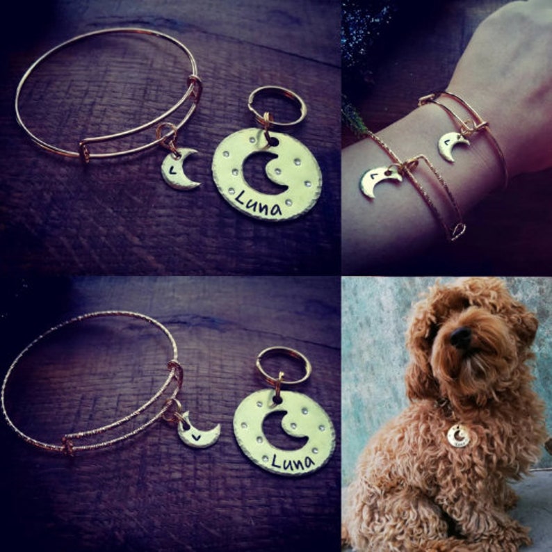 Puede incluir: Pulsera de oro con dije y llavero a juego con un dise&ntilde;o de luna creciente y el nombre "Luna" grabado en el dije.
