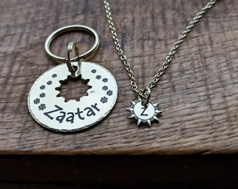 Personalized Brass Pet ID Tag & Sun Charm Set – Matching Owner Jewelry