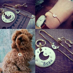 Puede incluir: Chapa de perro dorada con un dise&ntilde;o de luna creciente y el nombre "Beau" grabado en ella. La chapa est&aacute; unida a una cadena dorada con un llavero. La chapa tambi&eacute;n se muestra en el collar de un perro y como pulsera en la mu&ntilde;eca de una persona.